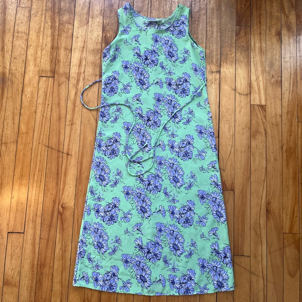 VTG 90s Swat Green and‎ Purple Floral Mid-Length Sleeveless Slip Dress Women’s M